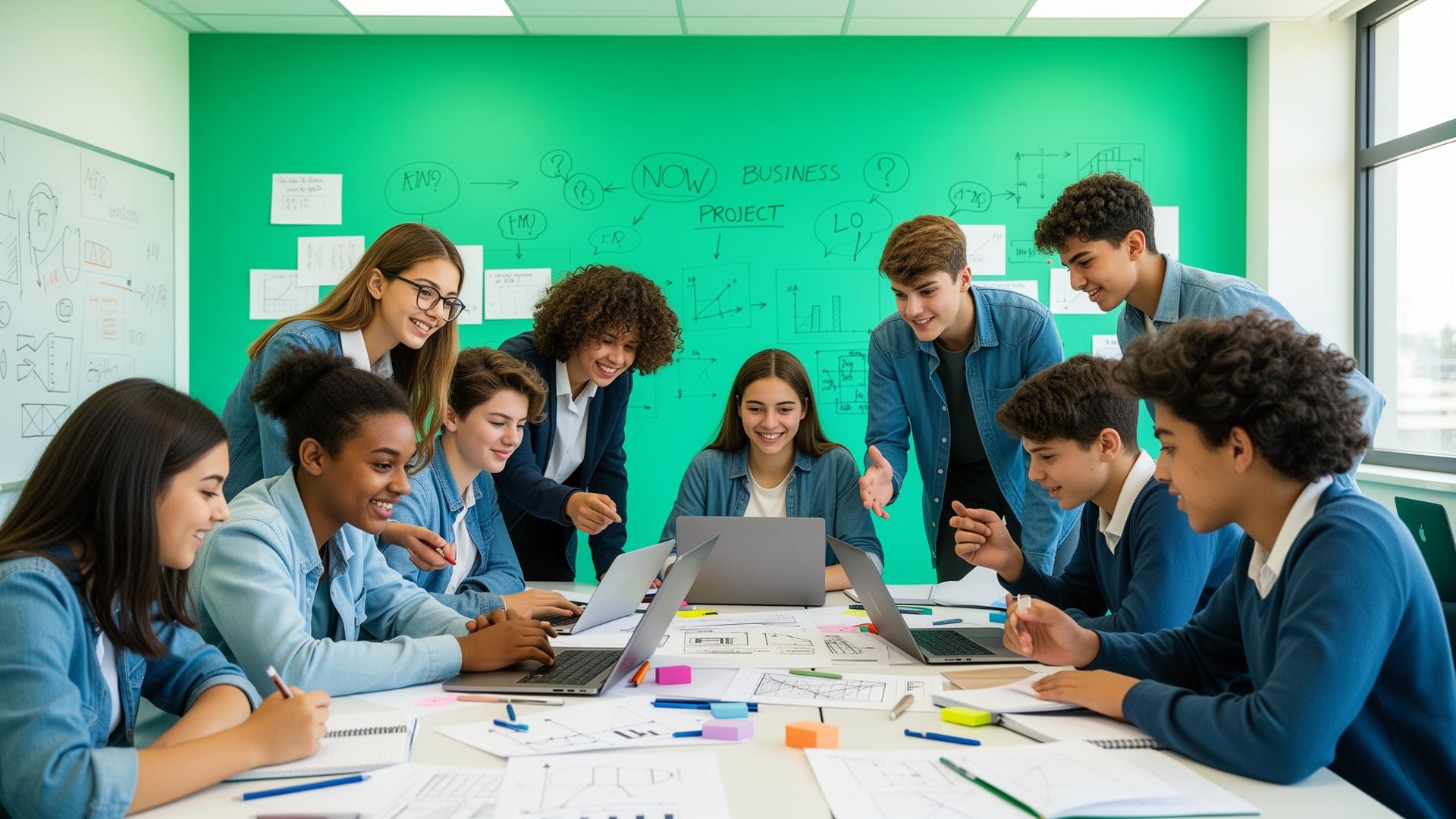 Students collaborating on business projects